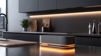 A sleek backup power hub glowing softly in a smart kitchen