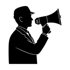 Man in a hat and suit holding a megaphone, black vector silhouette