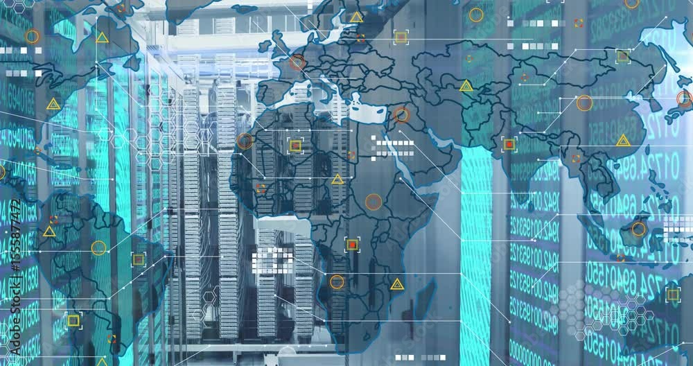 Poster fading world map overlay initiating node icons popping along server aisle showing global network