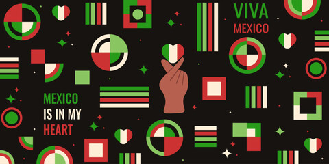 Viva Mexico banner. Modern Geometrical shapes background. Mexican independence day holiday banner. Vector illustration perfect for web and celebration Viva Mexico background.  EPS 10
