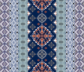 Abstract geometric fabric art, ethnic, geometric style, vertical full fabric pattern, blue, white, orange, for textile, cloth, clothes, curtains, carpets, pillows, vector illust