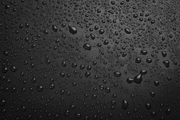 Water drops on a black background. Banner with raindrops. Top view.