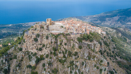 Obraz premium Aerial view over Pollina, beautiful town on top of the mountain in Sicily, Italy