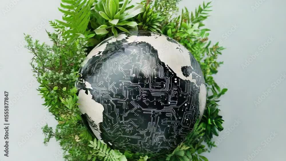 Poster technology and nature for sustainable growth concept. a globe with digital circuit patterns is surro