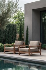 Two light-brown wooden armchairs on patio beside pool