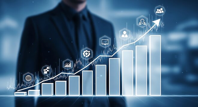 Businessman in suit with rising digital bar graph, financial analytics, growth metrics, and data icons visualizing business success, profitability, and corporate development in modern blue background
