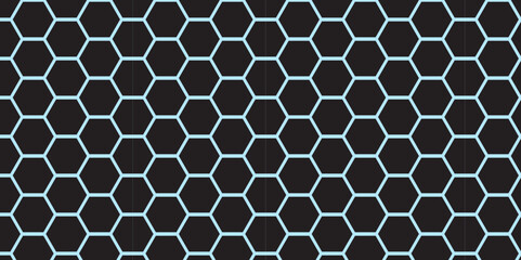 Blue metallic seamless hexagonal honeycomb grid pattern with geometric cell structure for technology wallpaper design
