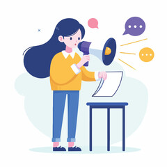 vector image of a person using a megaphone to present information on a white background