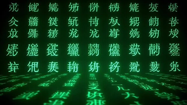 Chinese matrix code digital rain animation background with green glowing characters