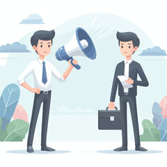 vector image of a person using a megaphone to present information on a white background