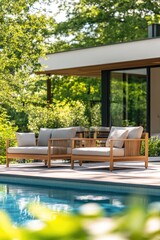 Fototapeta premium Outdoor teak furniture set by pool