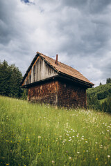Wooden cabins nestled on a mountain slope overlook vast green meadows, creating a cozy and peaceful countryside retreat.