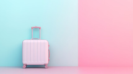 Obraz premium Stylish pink luggage on a bright two-tone background. Perfect for travel and vacation concepts.