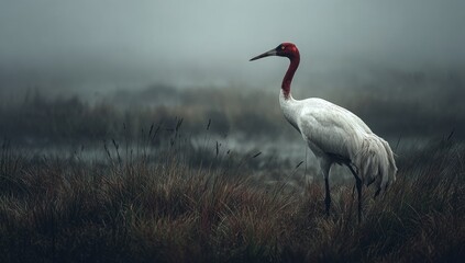 Obraz premium A lone, white crane with a red crown stands amidst tall grasses in a misty, muted wetland landscape