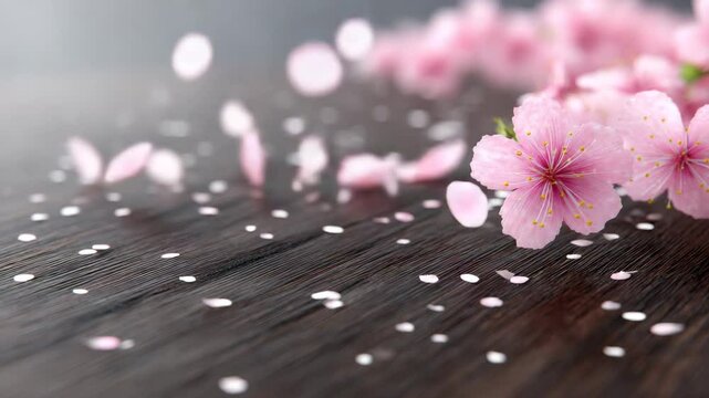 Sakura Blossom Serenity: Capturing the delicate beauty of pink sakura blossoms scattered gracefully across a dark wooden surface. A tranquil scene that evokes feelings of peace, beauty.