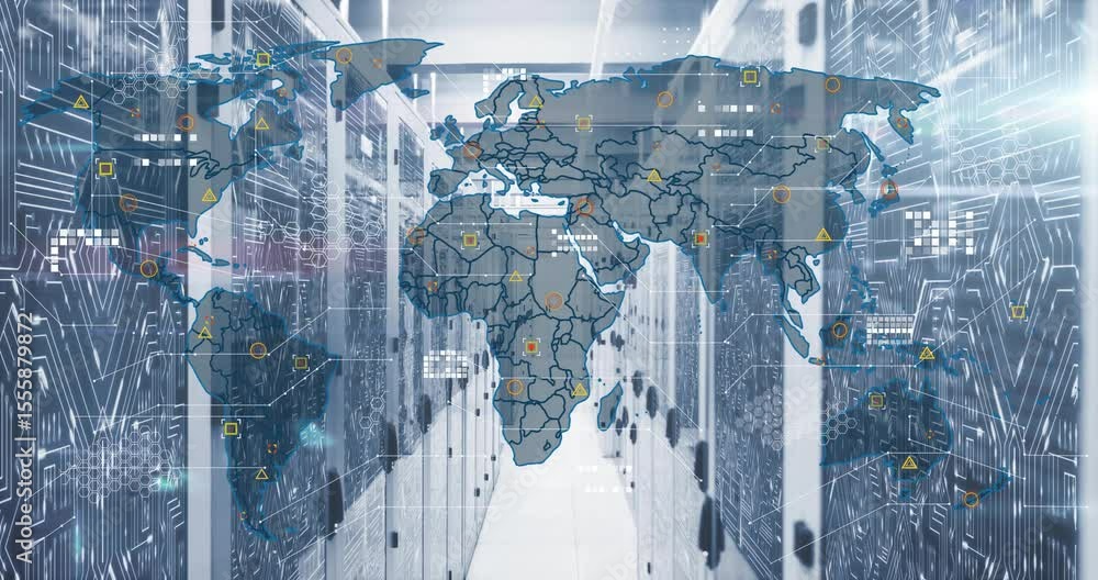 Poster camera lingering on server aisle starting map overlay fading in showing global network activity