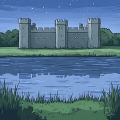 Stylized illustration of a majestic castle reflected on a calm lake water surface
