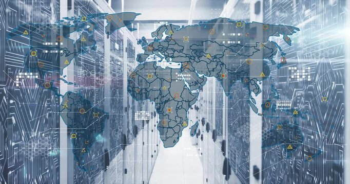 Camera lingering on server aisle starting map overlay fading in showing global network activity