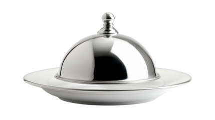 Silver serving cloche raised above empty plate with polished metallic finish elegant dining presentation and luxury tableware isolated on white background