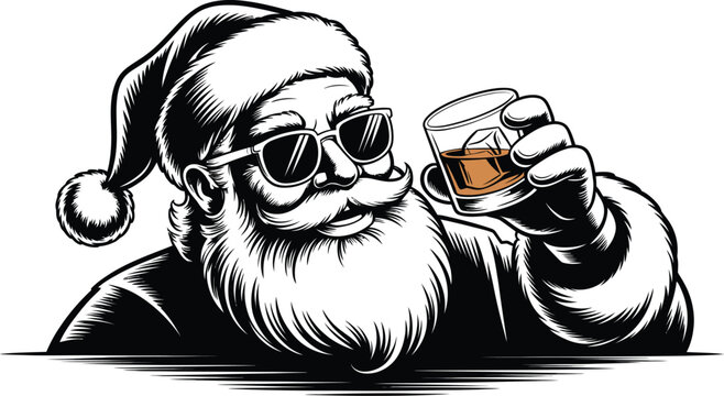 Santa claus with sunglasses holding a glass of whiskey with ice cube