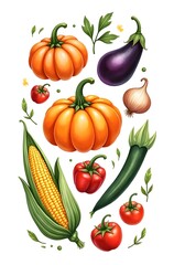 A colorful collection of fresh, healthy vegetables including tomatoes, peppers, onions, carrots, and cucumbers, isolated on white