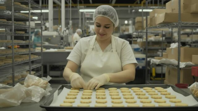 Woman Baking Cookies in a Commercial Bakery with a Smiling Expression and Precise Movements