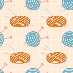 Seamless pattern featuring colorful yarn balls, knitting needles in cozy autumn tones. Hand-drawn vector design perfect for crafting textiles, wrapping paper, and childrens clothing