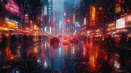Fototapeta premium Cyberpunk cityscape at night, neon lights reflecting brilliantly on the rain-soaked streets, futuristic urban environment with skyscrapers and glowing digital billboards, atmospheric dark sci-fi,