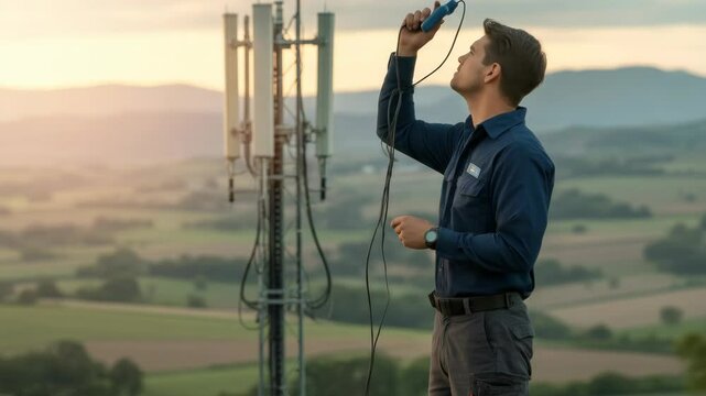 Telecommunications Technician Testing Equipment At Sunset On A Remote Hilltop Landscape