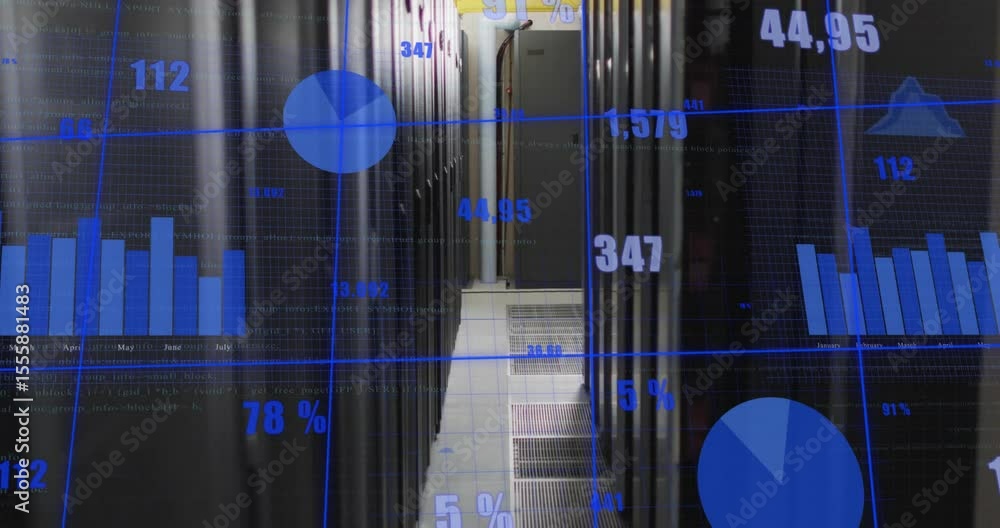 Aufkleber server aisle view opening and advancing while blue data overlays updating, visualizing trends