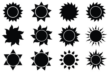 sun icons set, sunshine and solar glow, sunrise or sunset. Decorative circle full suns and sunlight collection. sun star icons collection. Summer, sunlight, nature, sky.