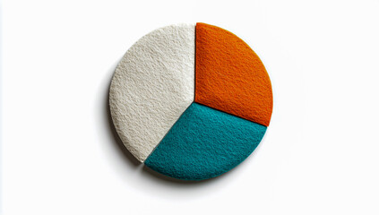 A minimalist pie chart made of textured felt fabric, featuring three distinct sections in bright orange, calm blue, and crisp white, placed on a clean, isolated background for clear visual emphasis.