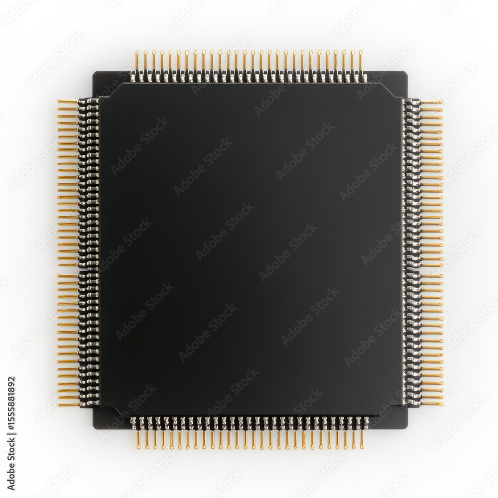 Poster closeup of modern microchip with gold connectors, black square integrated circuit component isolated