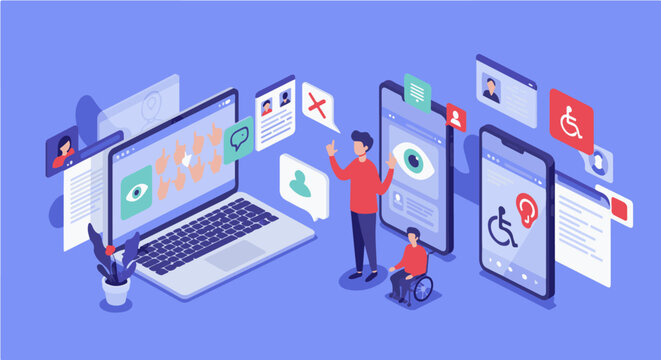This isometric illustration depicts comprehensive digital accessibility and inclusive technology. Devices show accessibility features, with diverse users emphasizing user-friendly design].