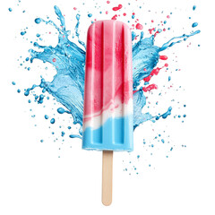 Colorful ice cream popsicle with red, white, and blue swirls and splashes of water against a bright background, perfect for summer treats and desserts