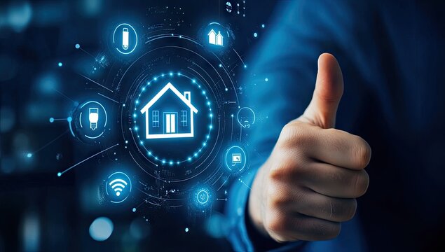 Smart home approval.  Thumb's up over digital home icon