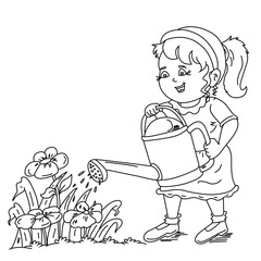 Cute cartoon hand drawn vector Girl watering can watering flower outline.