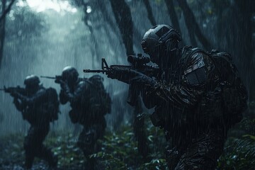 Soldiers practicing combat drills during a rainy day in dense forests