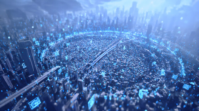 Aerial view of a futuristic city with glowing blue icons and a highway running through it