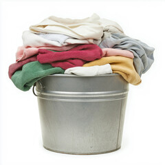 Metal bucket filled with assorted colorful laundry and towels against white background, household chores concept