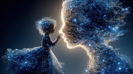 Grown adult gazes into mirror seeing glowing younger self, symbolizing coexistence of inner child and inner adult