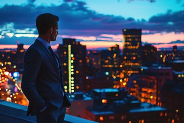 A businessman in a tailored suit standing on a rooftop overlooking a vibrant cityscape at night