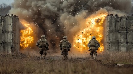 Obraz premium Army soldiers practicing breaching exercises with explosives on a fortified structure