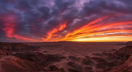 Fiery sunset paints desert landscape with vibrant streaks of red and orange light. AI Generated