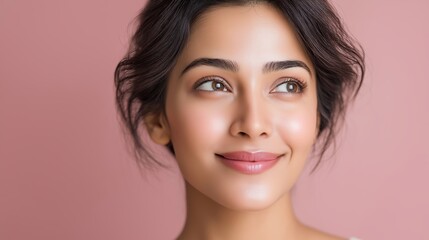 Bright smile against a soft pink background.