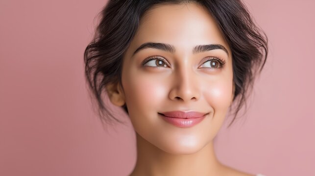 Bright smile against a soft pink background.