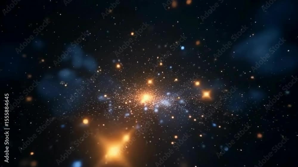 Poster the image features a dark background filled with various glowing orbs in shades of blue and orange, 