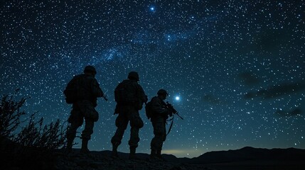 Obraz premium Army soldiers performing night vision training exercises under a starry sky