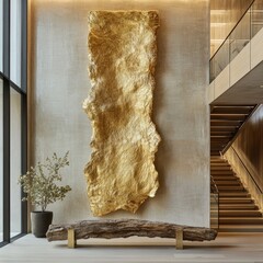 Gold sculpted wall art on light beige wall, next to a wooden bench, in a modern interior