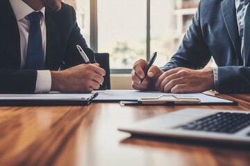 Two businessmen negotiating a contract at a wooden table in a luxurious office